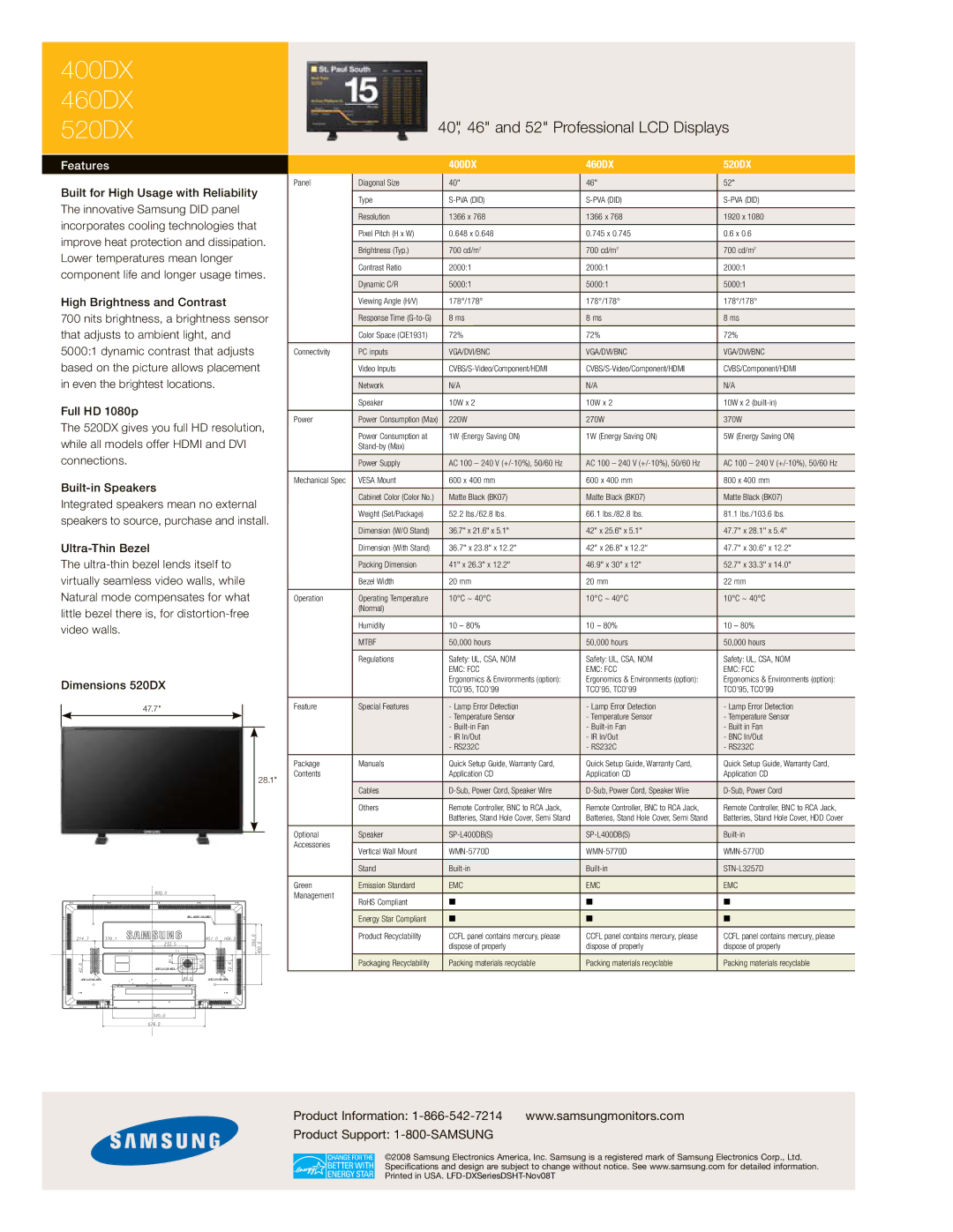 Samsung 520DX manual PVA did, Vga/Dvi/Bnc, Mtbf, Emc Fcc 