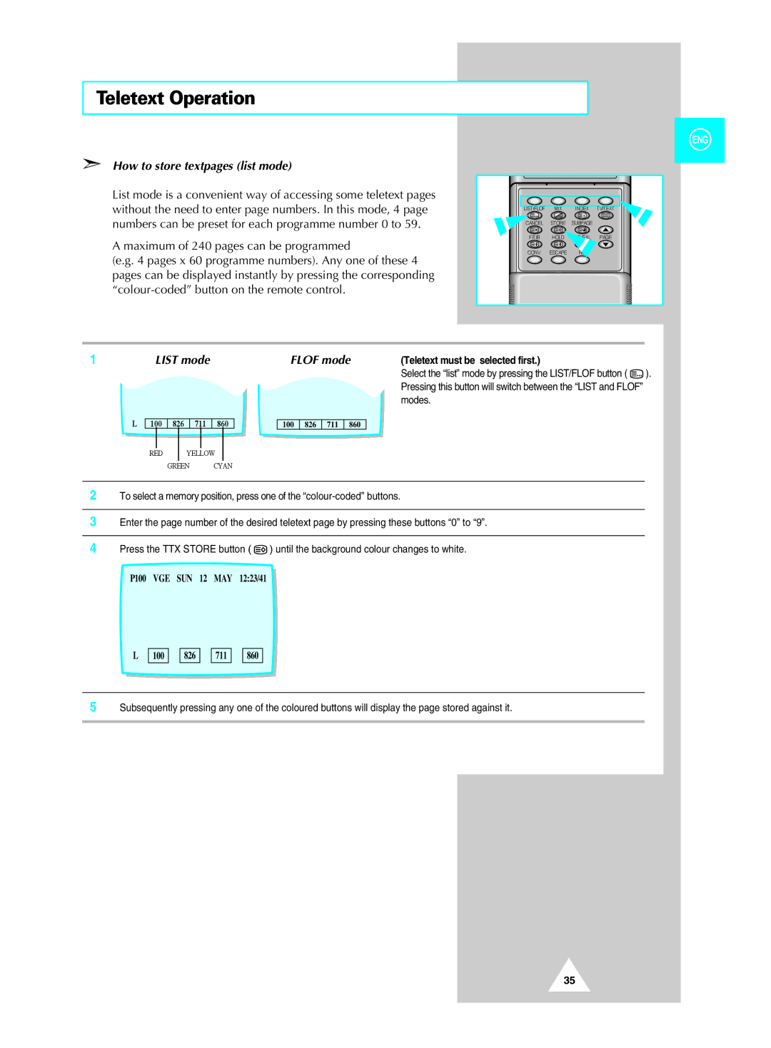 Samsung SP434, 524, 521 manual How to store textpages list mode, List mode, Flof mode 