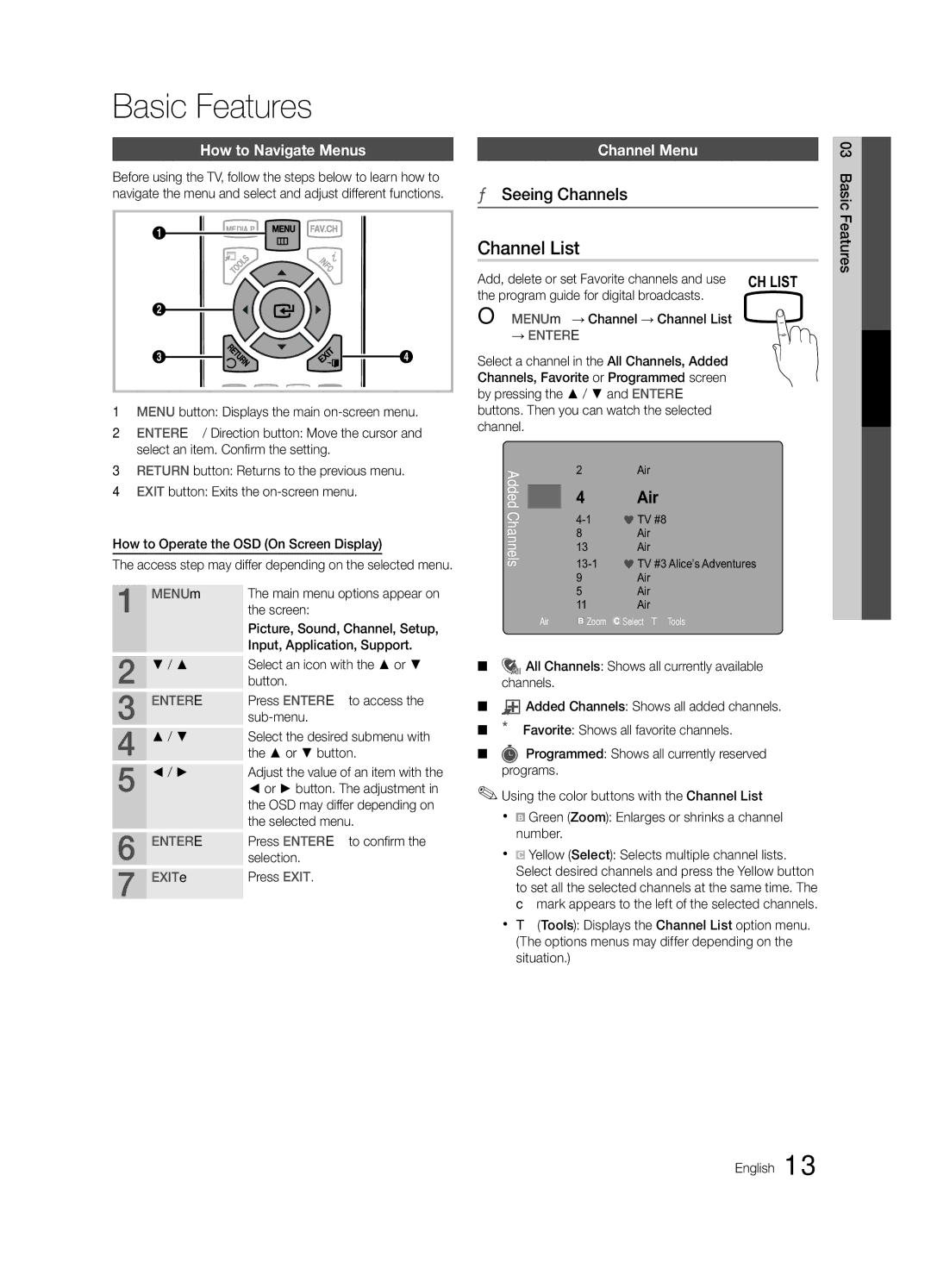 Samsung 530 user manual Basic Features, Channel List, How to Navigate Menus, Channel Menu 