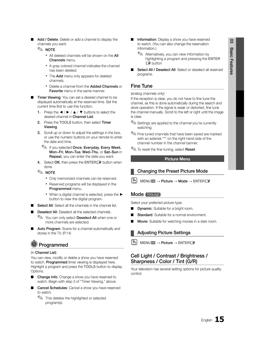 Samsung 530 user manual Programmed, Fine Tune, Mode t, Picture Menu 