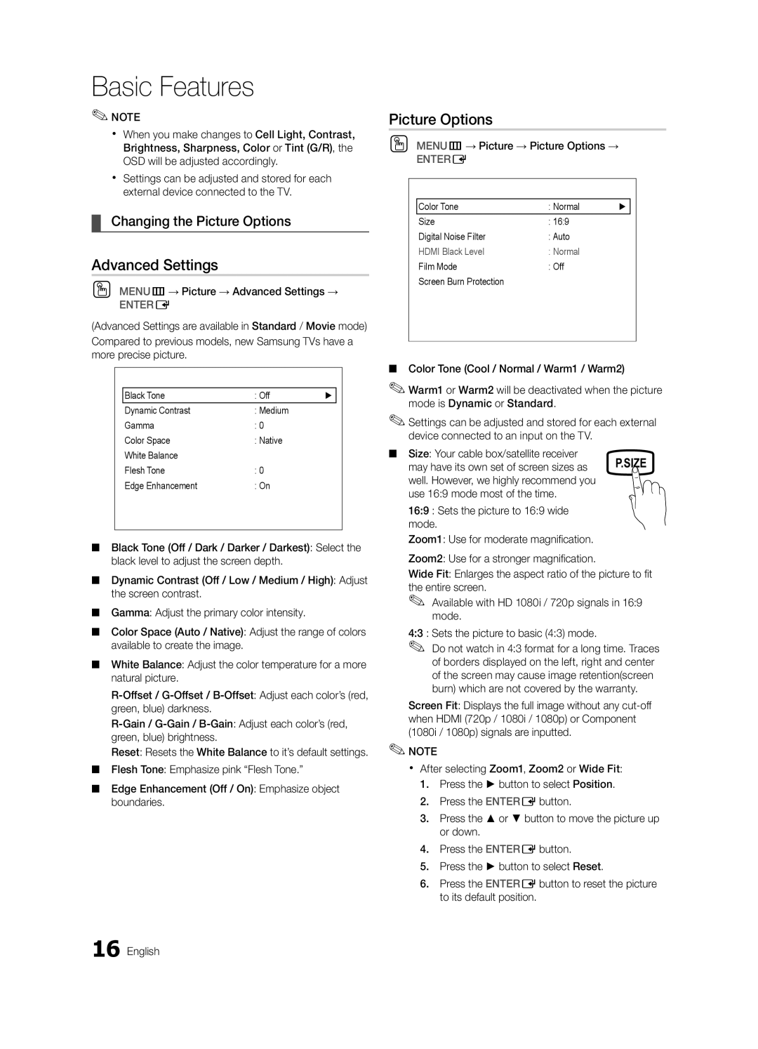 Samsung 530 user manual Advanced Settings, Picture Options 