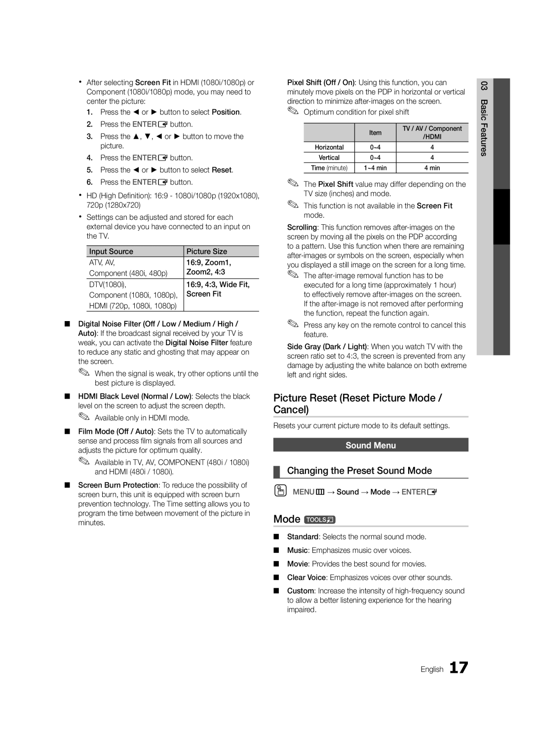 Samsung 530 user manual Picture Reset Reset Picture Mode / Cancel, Sound Menu 