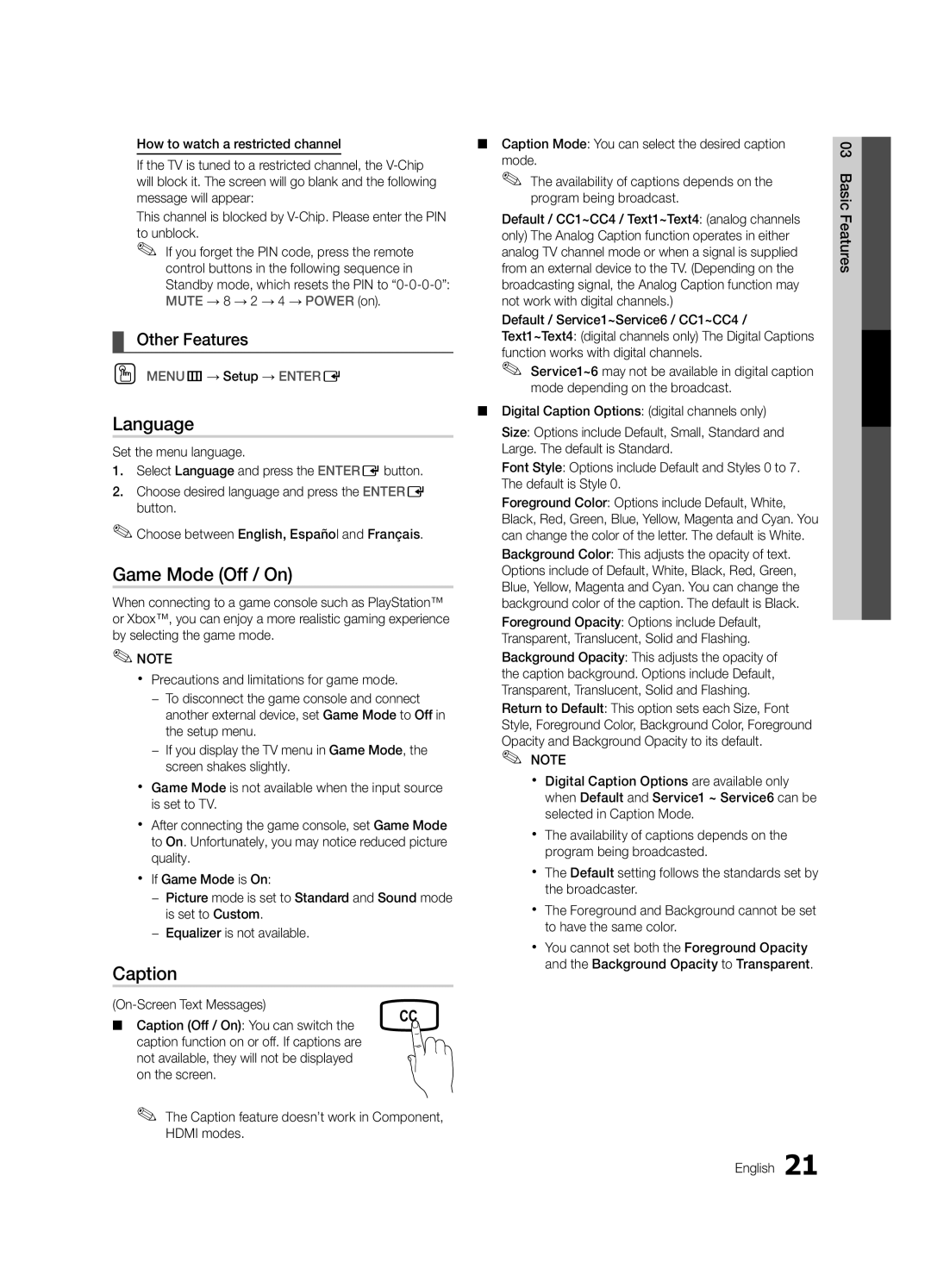 Samsung 530 user manual Language, Game Mode Off / On, Caption, OO MENUm→ Setup → Entere, English Basic Features 