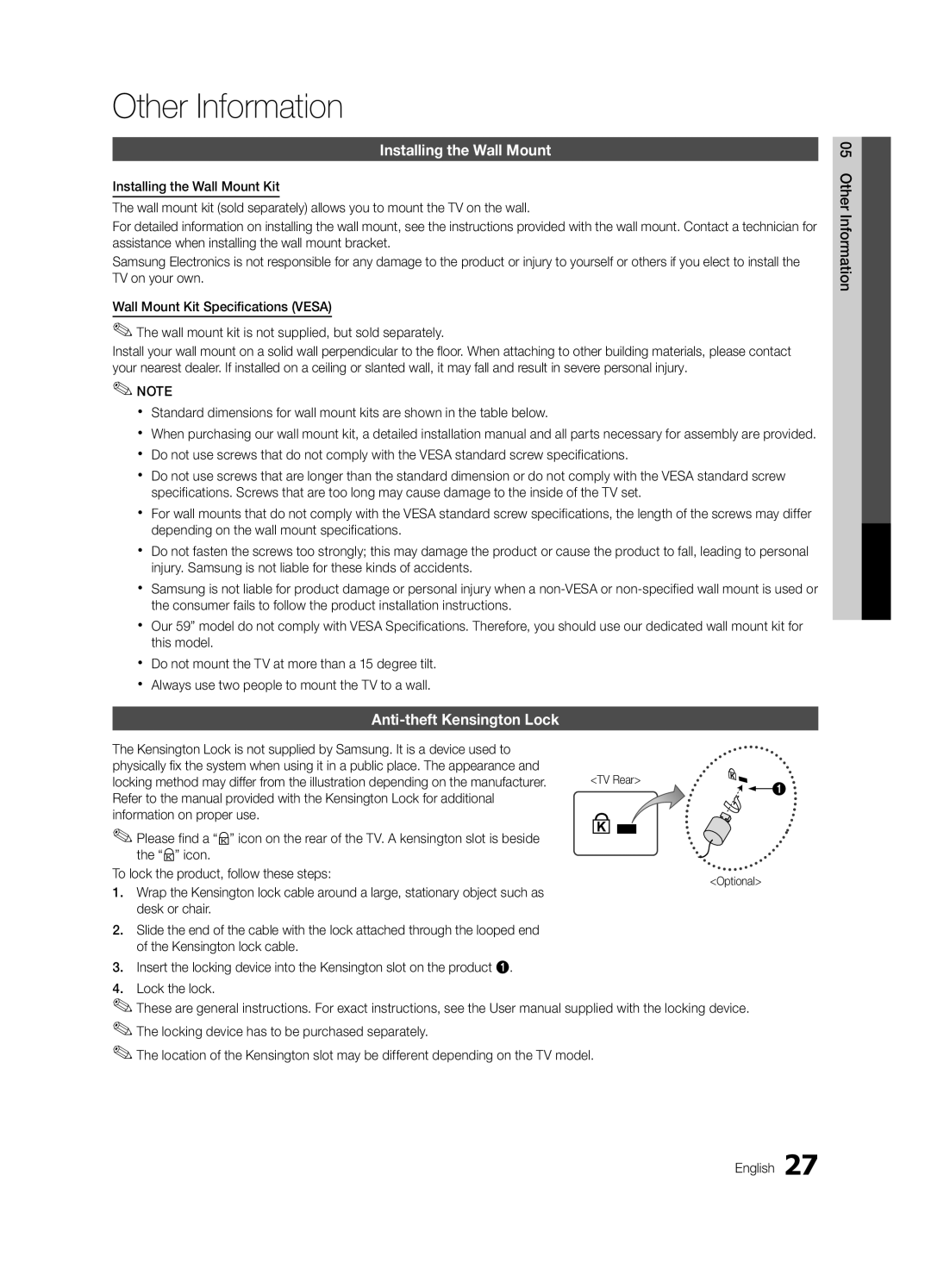 Samsung 530 user manual Other Information, Installing the Wall Mount, Anti-theft Kensington Lock, Optional 