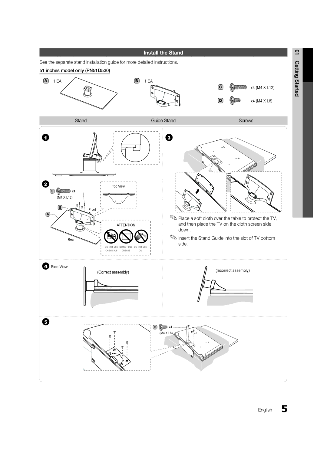 Samsung 530 user manual Install the Stand, Stand Guide Stand, X4 M4 X L12 X4 M4 X L8 Getting Started 