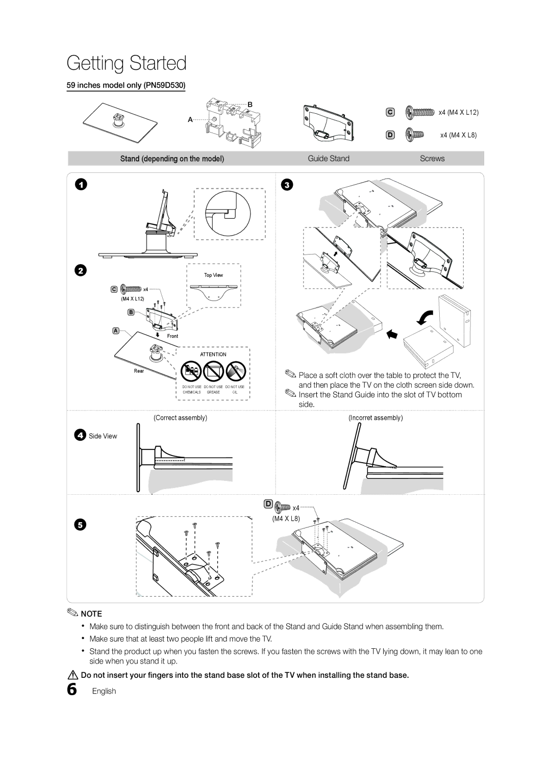 Samsung Inches model only PN59D530, Stand depending on the model, Correct assembly Side View, Incorret assembly 