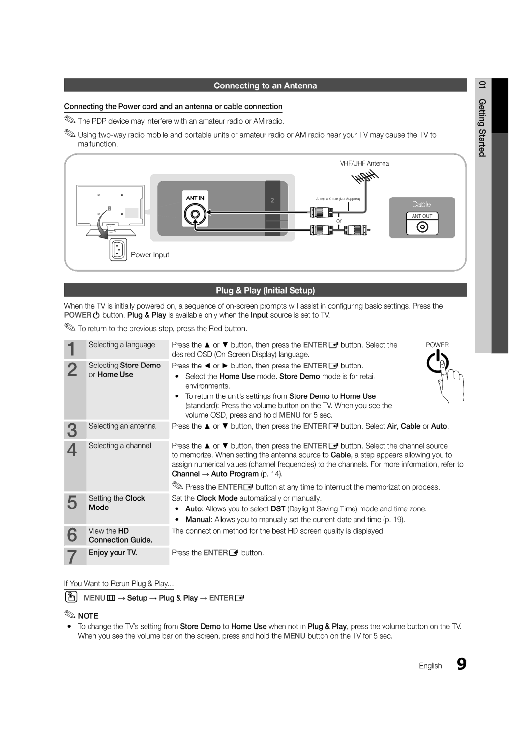 Samsung 530 user manual Connecting to an Antenna, Plug & Play Initial Setup, Power Input, VHF/UHF Antenna 