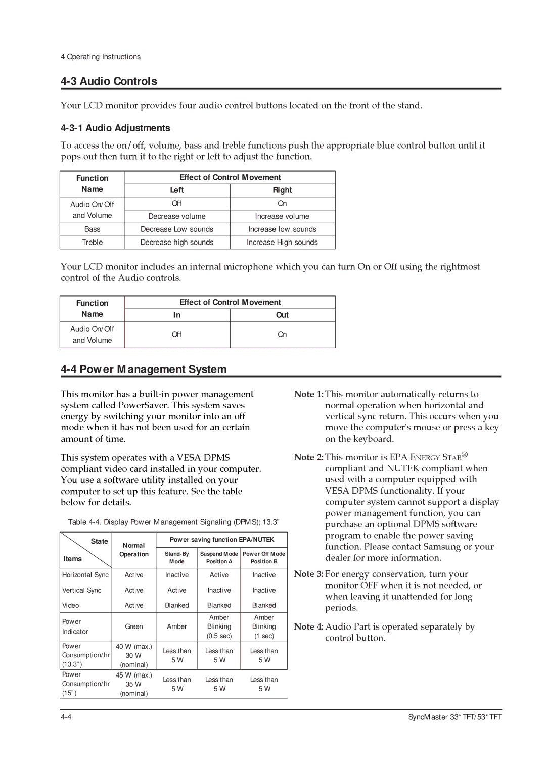 Samsung 531 TFT Audio Controls, Power Management System, Audio Adjustments, Function Effect of Control Movement Name 