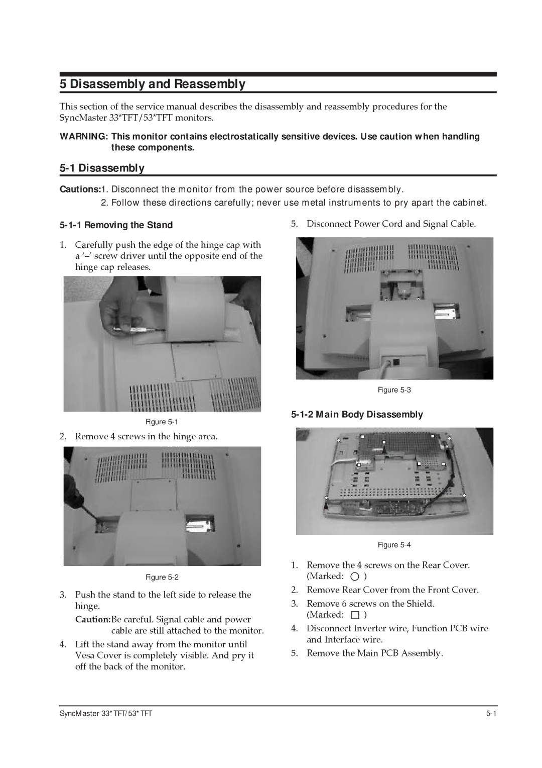 Samsung 531TFT, 530TFT, 530 TFT, 531 TFT, 330TFT Disassembly and Reassembly, Removing the Stand, Main Body Disassembly 