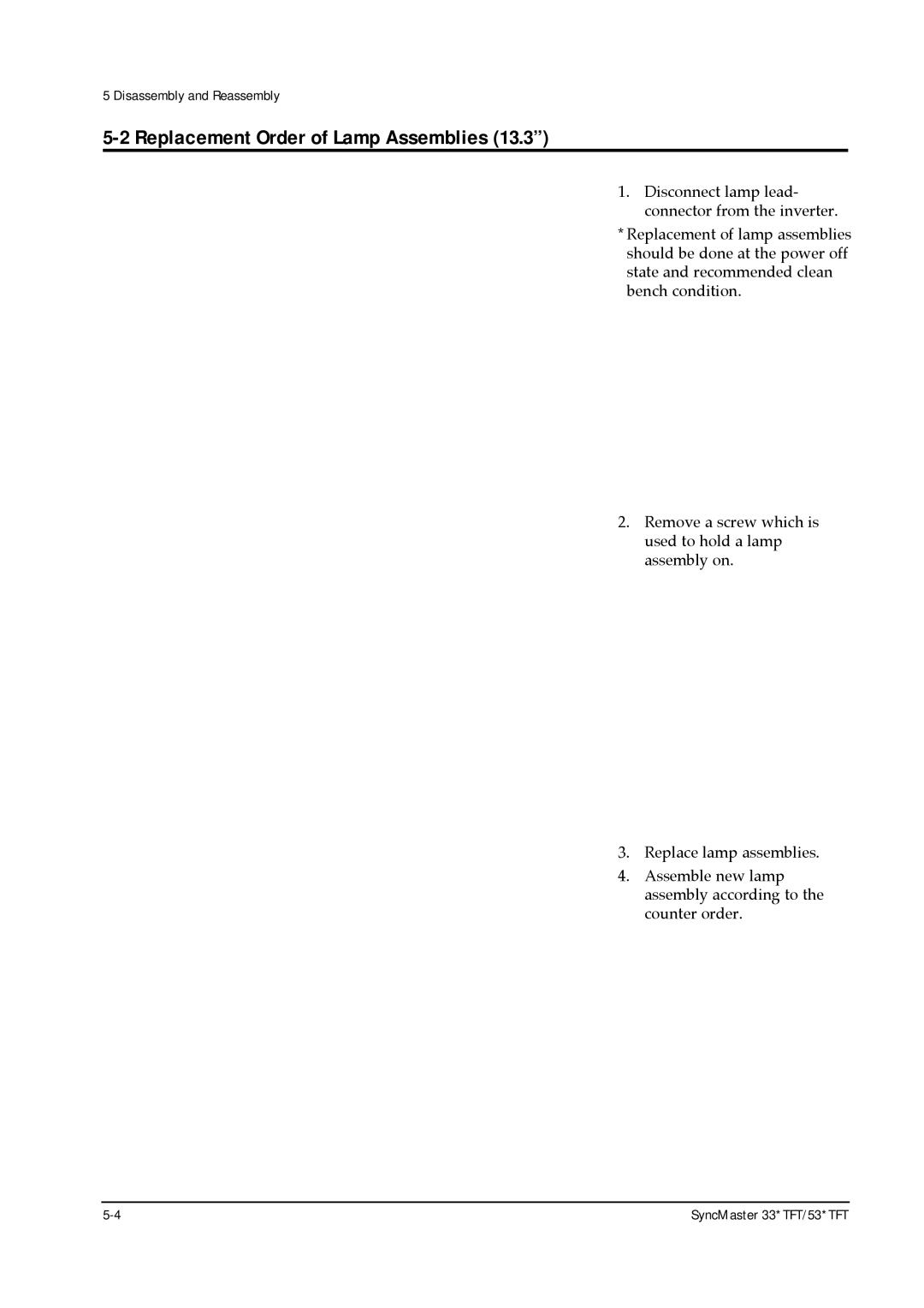 Samsung 530TFT, 530 TFT, 531 TFT, 531TFT, 330TFT, 331 TFT specifications Replacement Order of Lamp Assemblies 