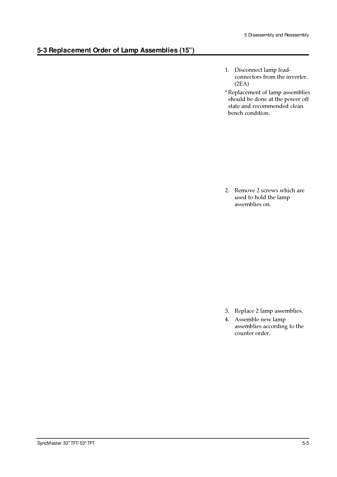 Samsung 530 TFT, 530TFT, 531 TFT, 531TFT, 330TFT, 331 TFT specifications Replacement Order of Lamp Assemblies 