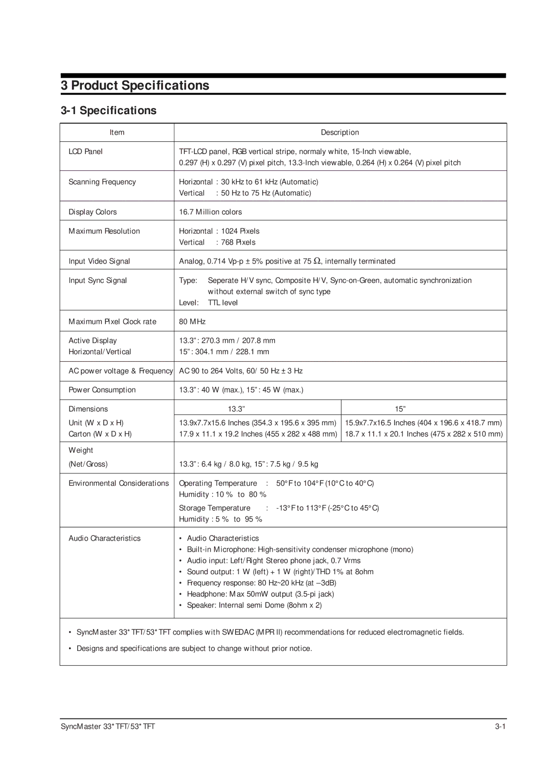 Samsung 530 TFT, 530TFT, 531 TFT, 531TFT, 330TFT, 331 TFT specifications Product Specifications 