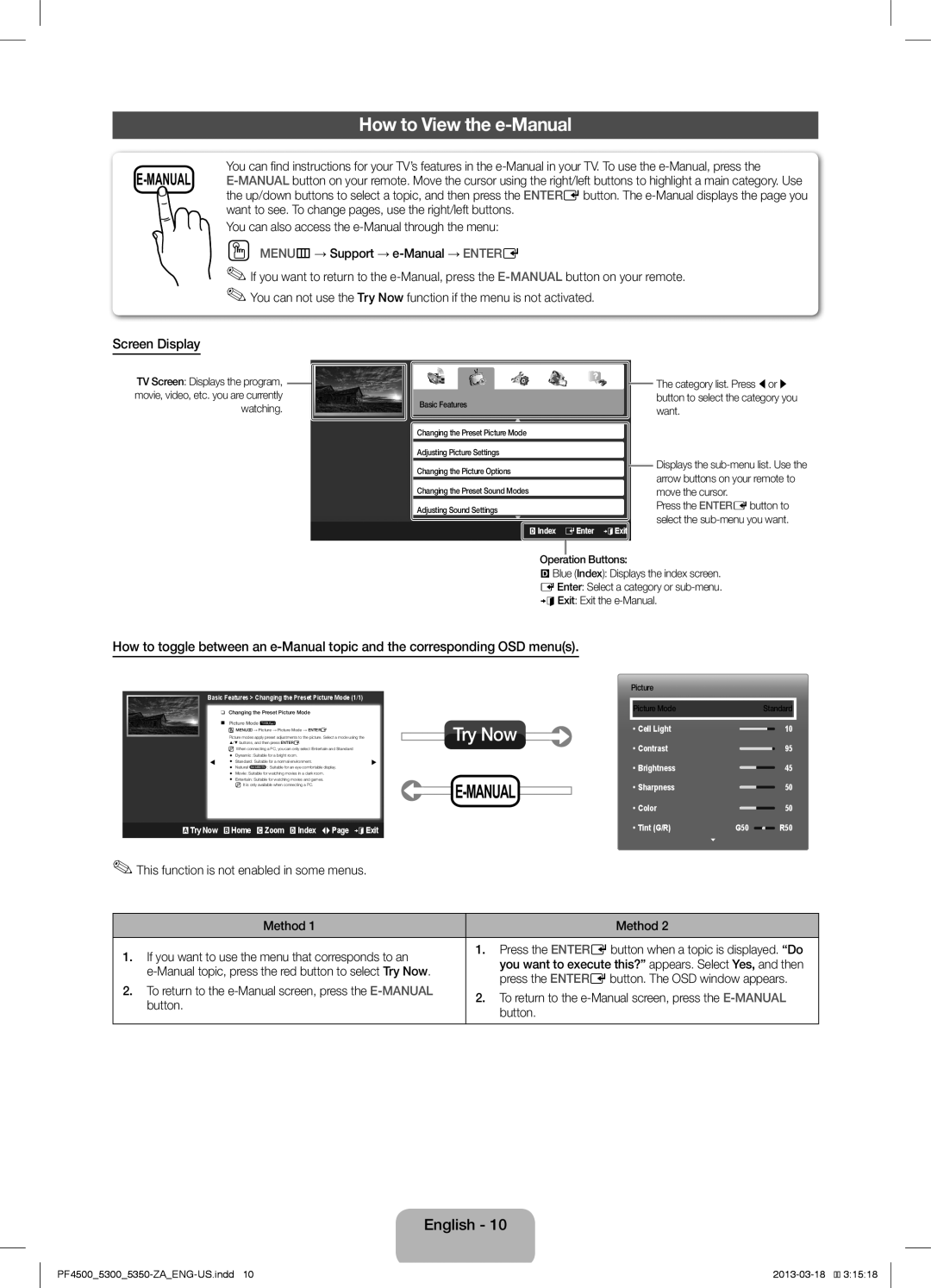 Samsung 4550, 5350, 5300, 4500 user manual How to View the e-Manual, Screen Display, Button 