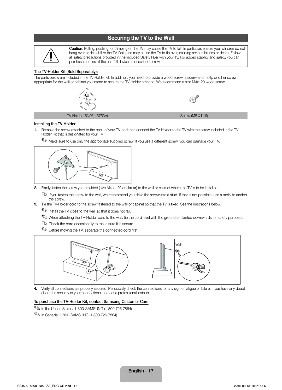 Samsung 5300 Securing the TV to the Wall, TV-Holder Kit Sold Separately, Installing the TV-Holder, TV-Holder BN96-15753A 