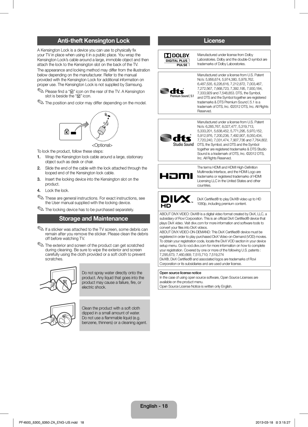 Samsung 4550, 5350, 5300, 4500 user manual Anti-theft Kensington Lock, Storage and Maintenance, License, Optional 