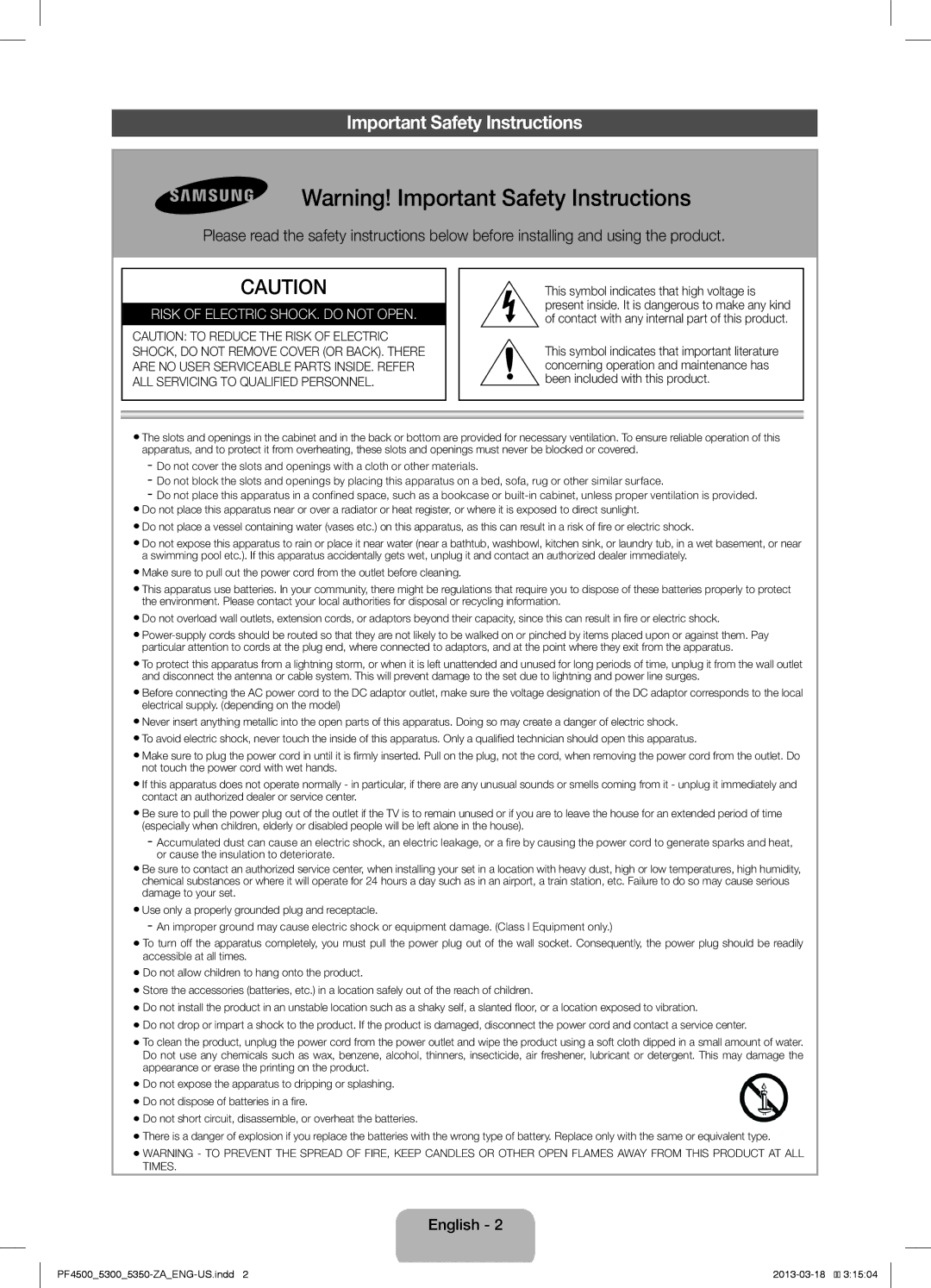 Samsung 4550, 5350, 5300, 4500 user manual Important Safety Instructions, Risk of Electric SHOCK. do not Open 