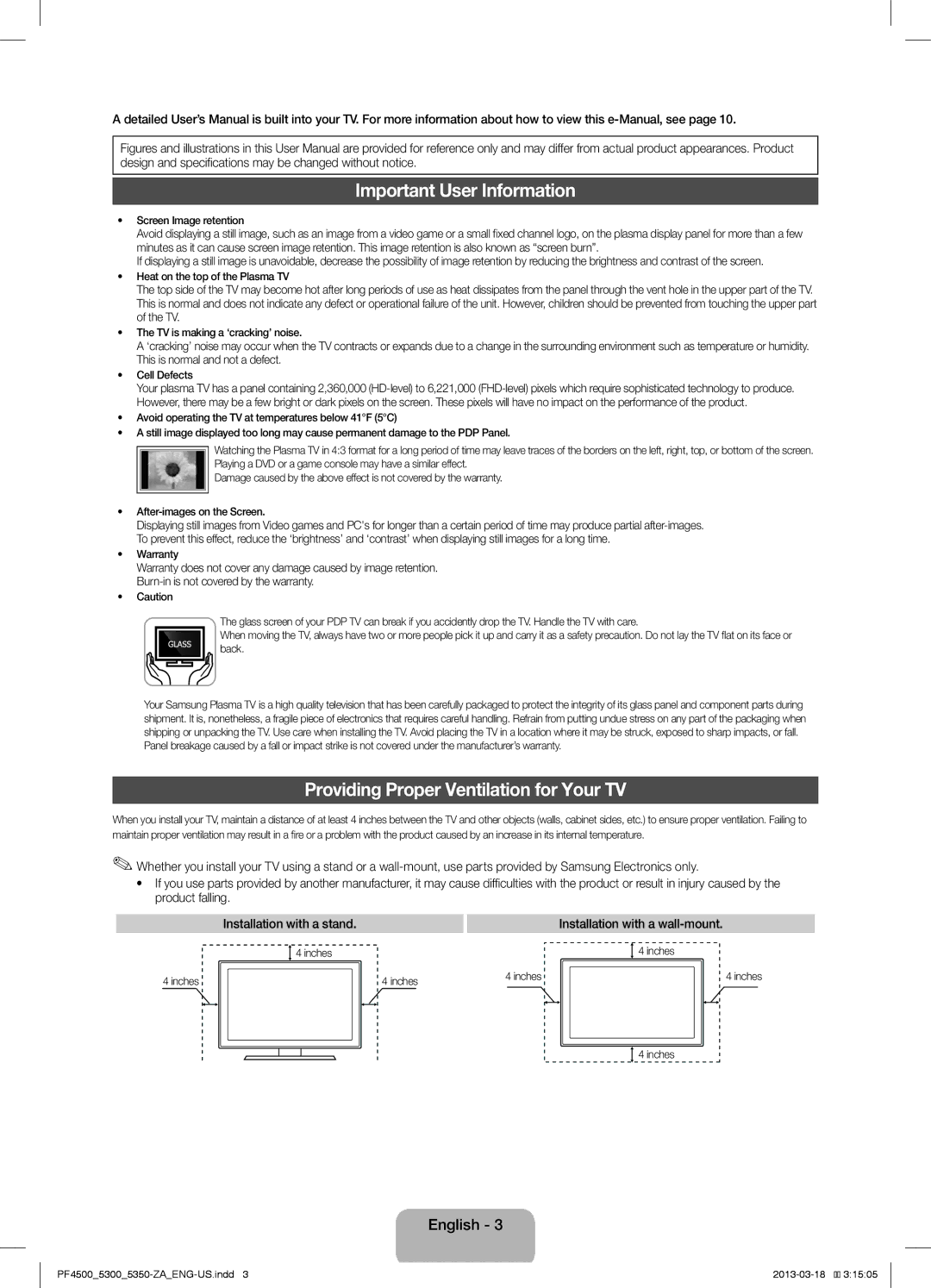 Samsung 4500, 5350 Important User Information, Providing Proper Ventilation for Your TV, Screen Image retention, Inches 