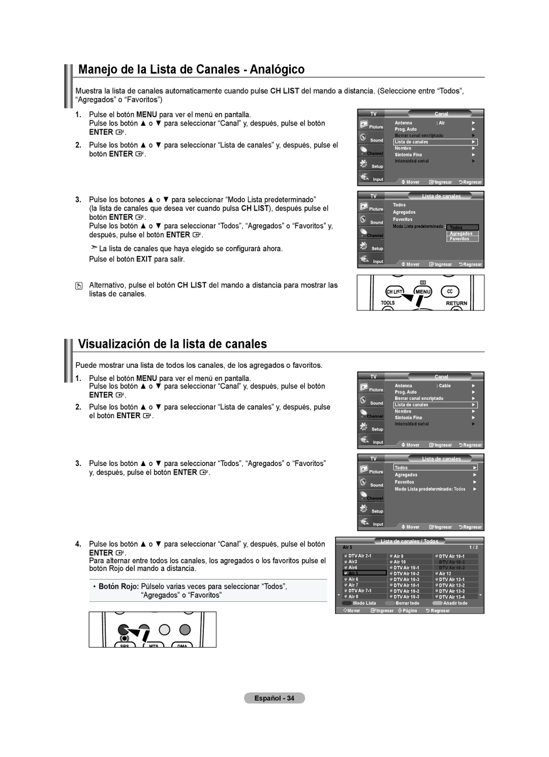 Samsung LN32A540, LNA50PD, LN2A540P2D Manejo de la Lista de Canales Analógico, Visualización de la lista de canales 