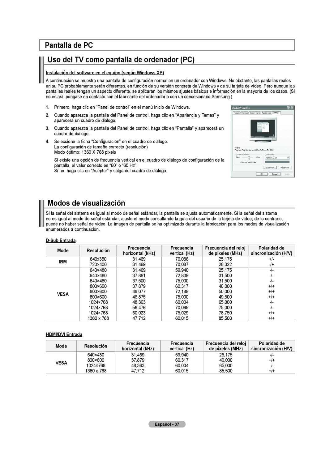 Samsung LNA50PD, LN32A540, LN2A540P2D Pantalla de PC Uso del TV como pantalla de ordenador PC, Modos de visualización 