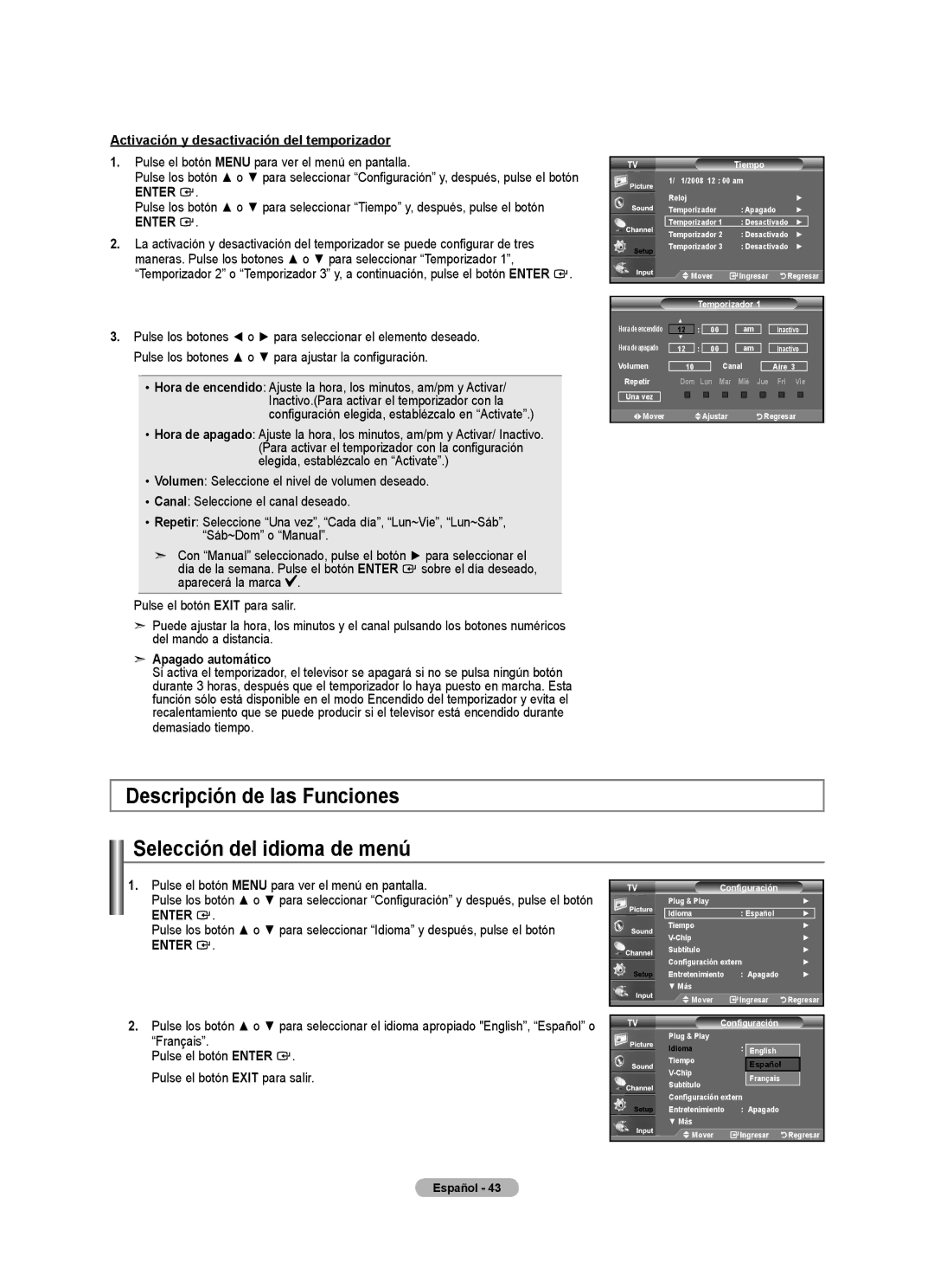 Samsung LNA50PD Descripción de las Funciones Selección del idioma de menú, Activación y desactivación del temporizador 