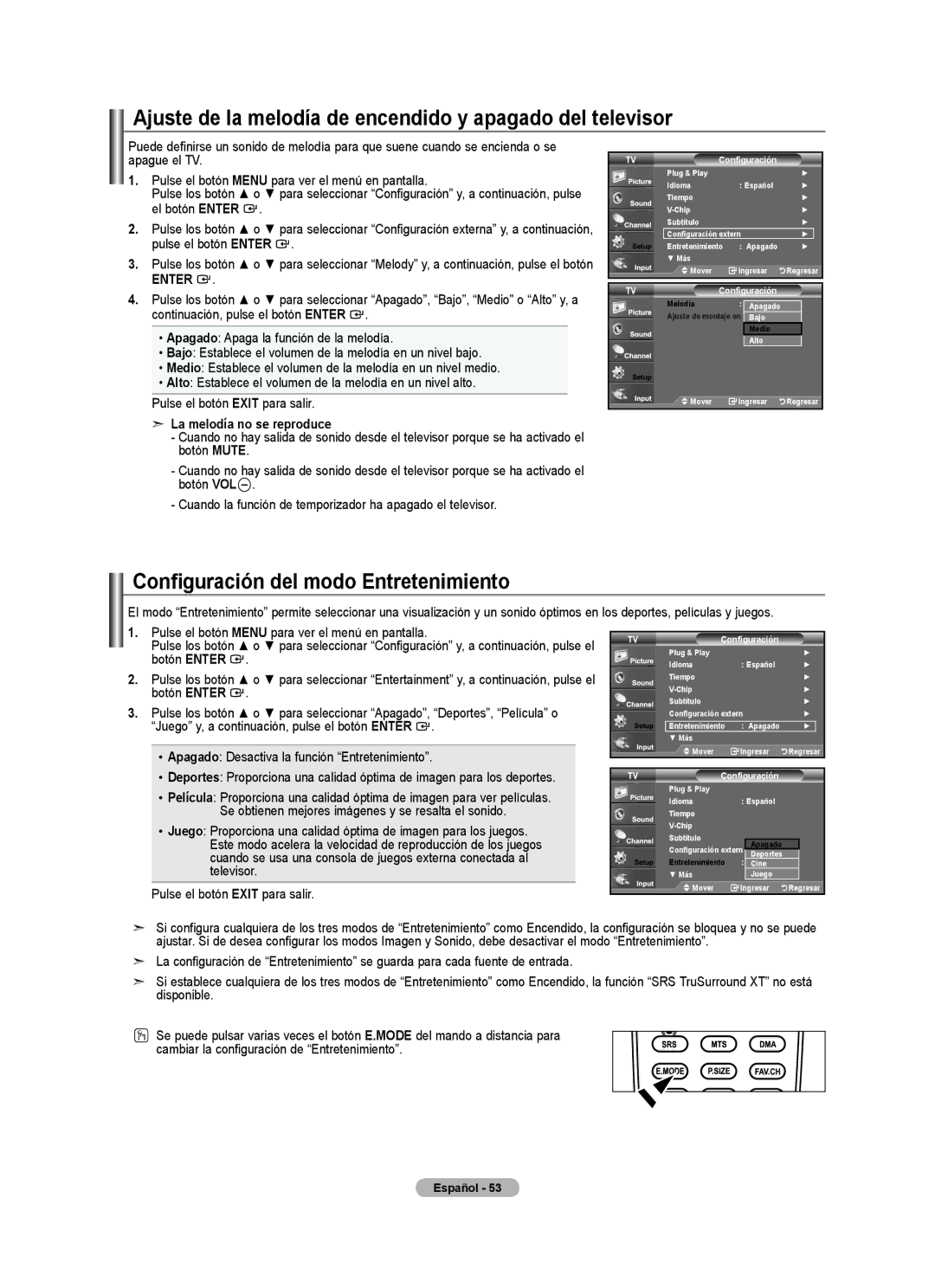 Samsung LNA50PD, 540 Ajuste de la melodía de encendido y apagado del televisor, Configuración del modo Entretenimiento 