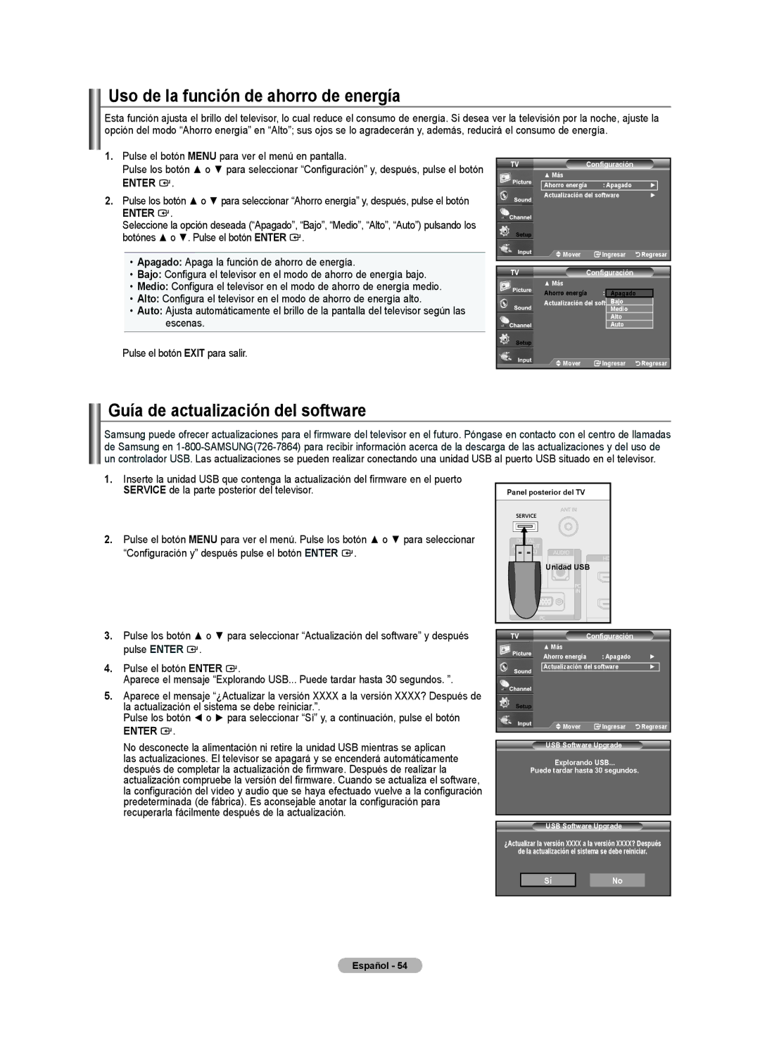 Samsung LN32A540, LNA50PD, LN2A540P2D, Series L5 Uso de la función de ahorro de energía, Guía de actualización del software 