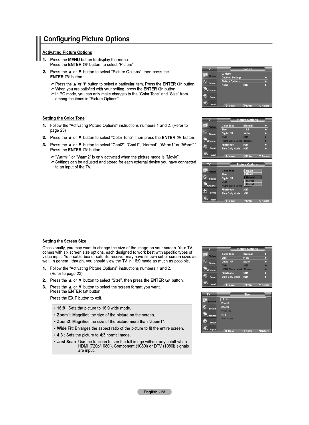 Samsung 540 Configuring Picture Options, Activating Picture Options, Setting the Color Tone, Setting the Screen Size 