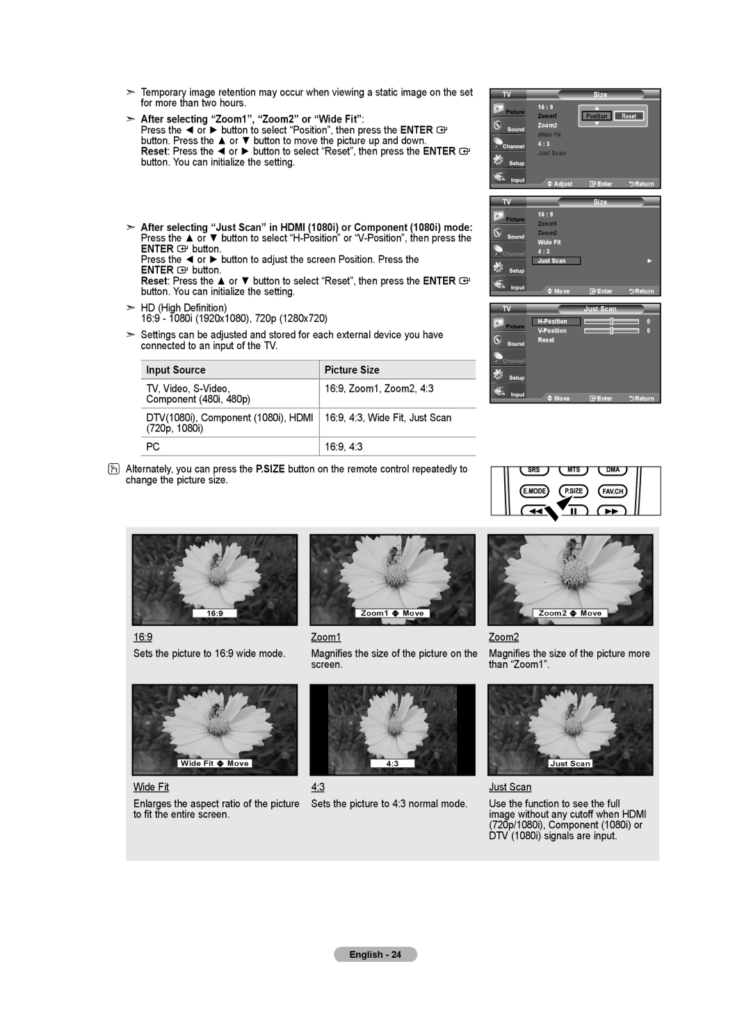 Samsung LNA50PD, LN32A540, LN2A540P2D, Series L5 After selecting Zoom1, Zoom2 or Wide Fit, Input Source Picture Size 