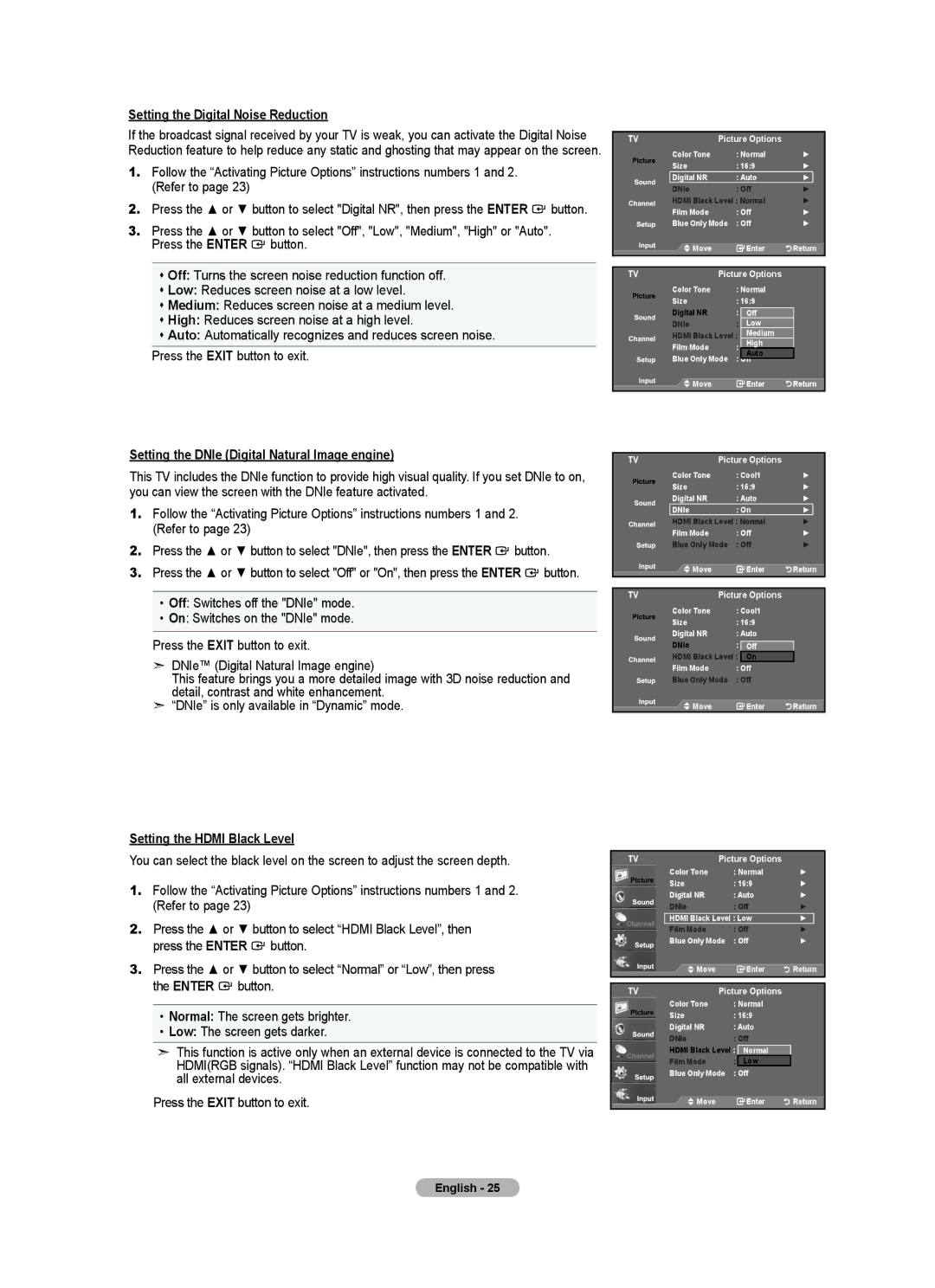 Samsung LN32A540, LNA50PD, LN2A540P2D Setting the Digital Noise Reduction, Setting the DNIe Digital Natural Image engine 