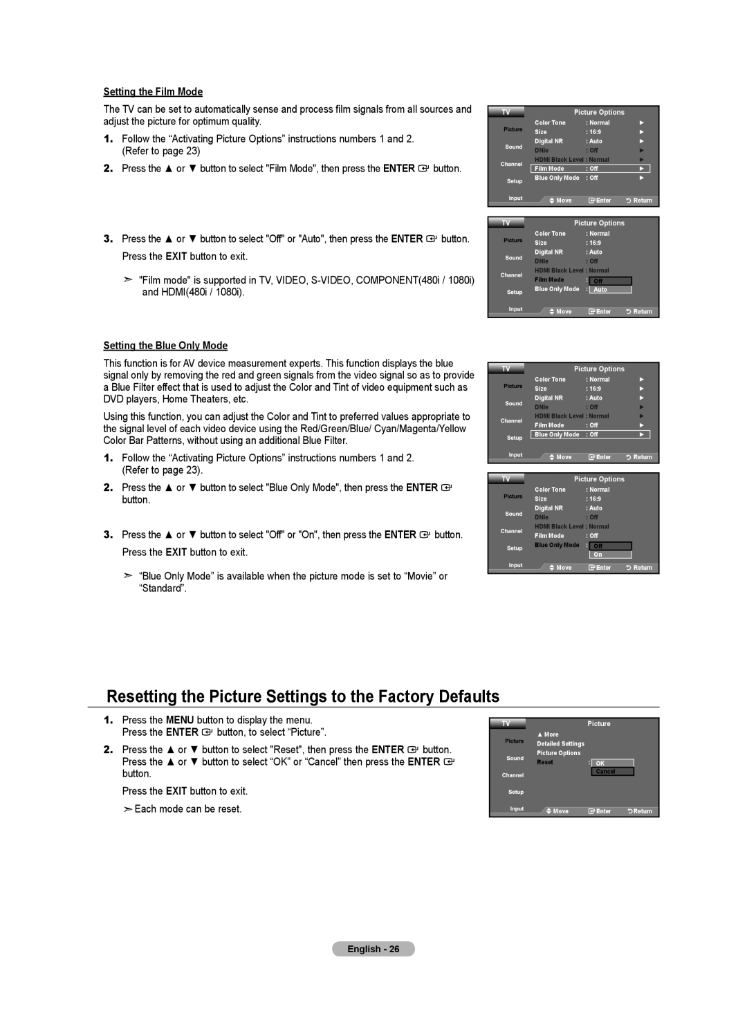 Samsung LN2A540P2D, LNA50PD, LN32A540 Resetting the Picture Settings to the Factory Defaults, Setting the Film Mode 