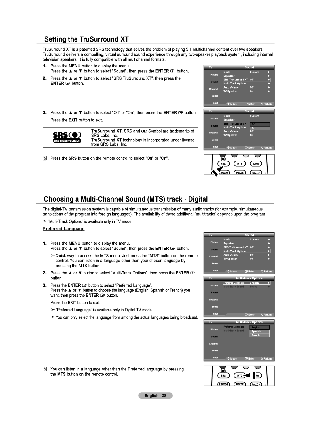 Samsung 540, LNA50PD Setting the TruSurround XT, Choosing a Multi-Channel Sound MTS track Digital, Preferred Language 