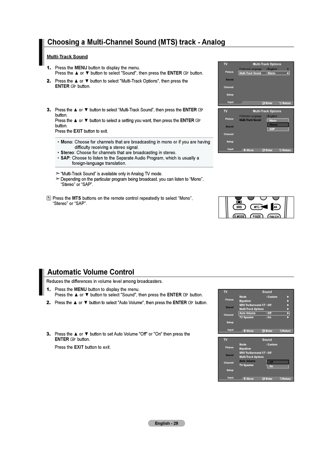 Samsung LNA50PD, LN32A540 Choosing a Multi-Channel Sound MTS track Analog, Automatic Volume Control, Multi-Track Sound 