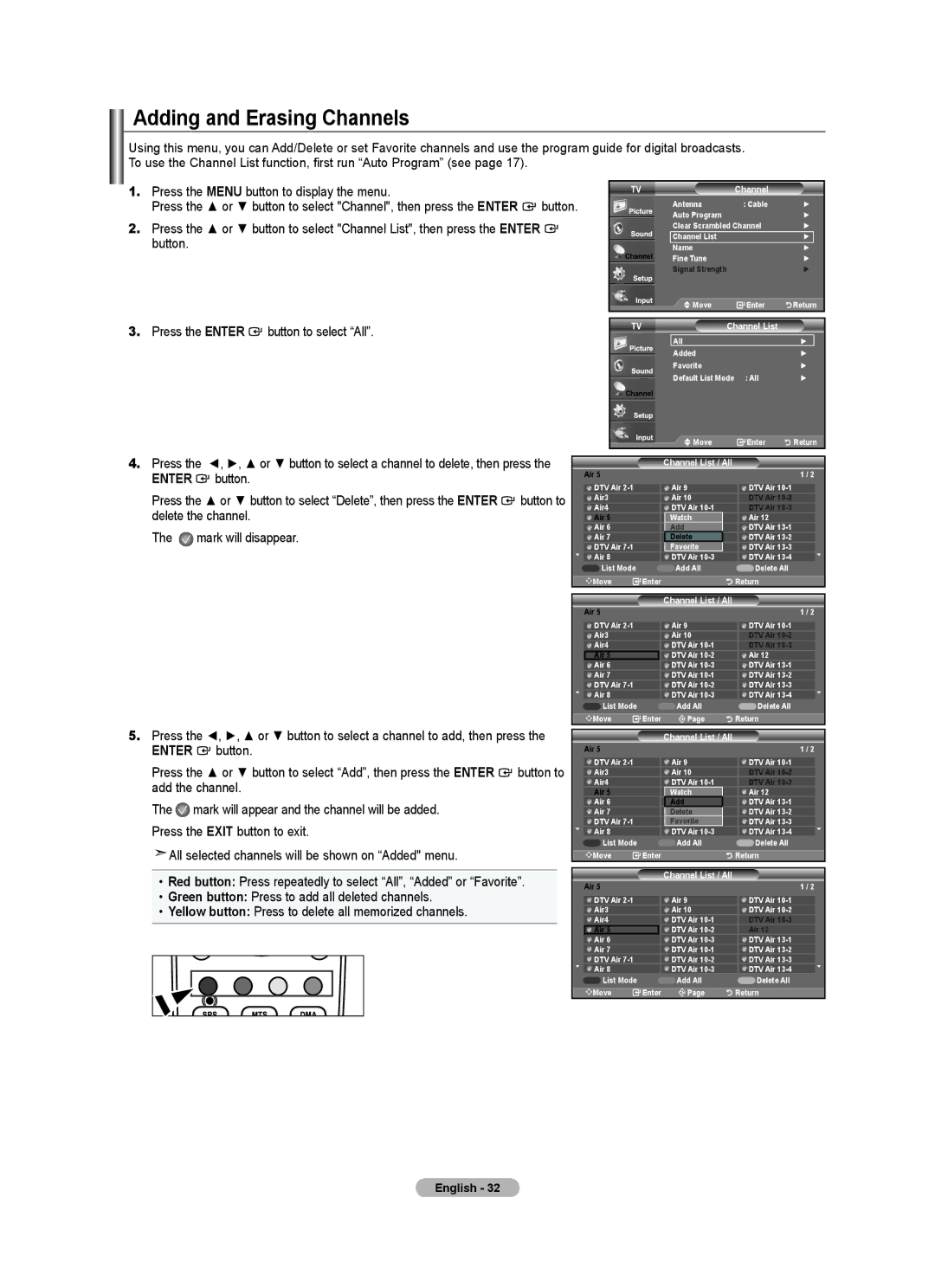 Samsung Series L5, 540, LNA50PD Adding and Erasing Channels, Press the Enter button to select All, Channel List / All 