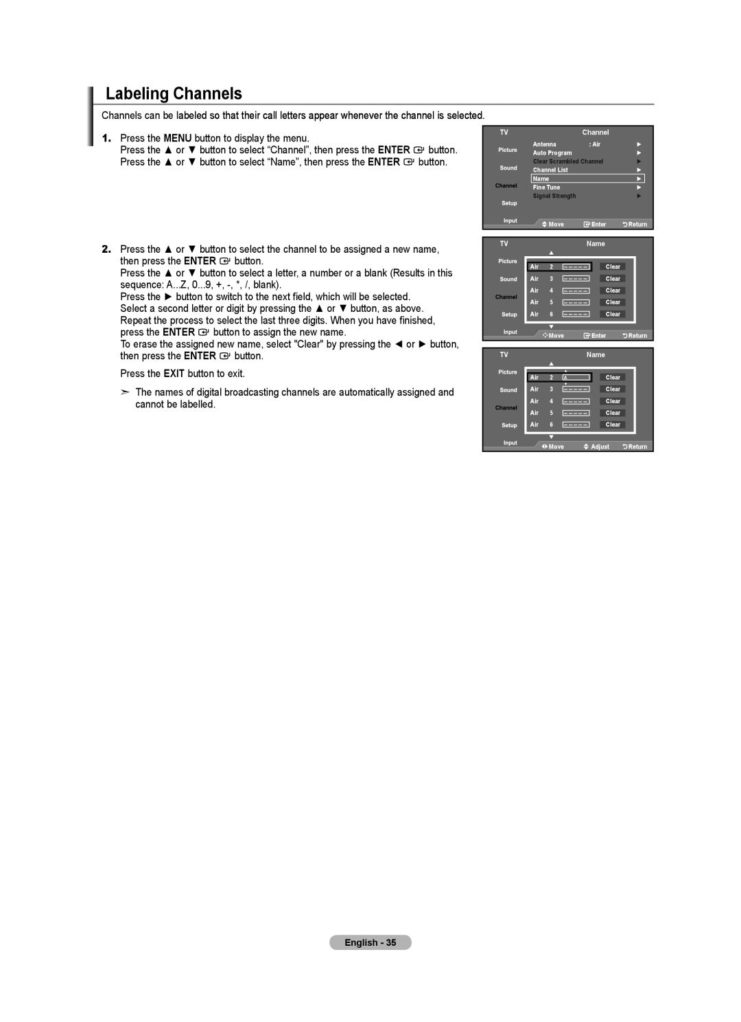 Samsung LN32A540, LNA50PD, LN2A540P2D, Series L5 user manual Labeling Channels, Name 