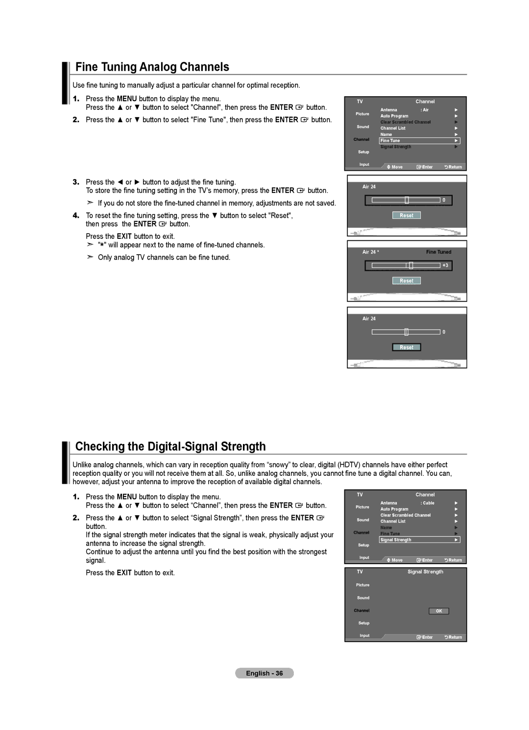 Samsung LN2A540P2D, LNA50PD, LN32A540, Series L5 user manual Fine Tuning Analog Channels, Checking the Digital-Signal Strength 