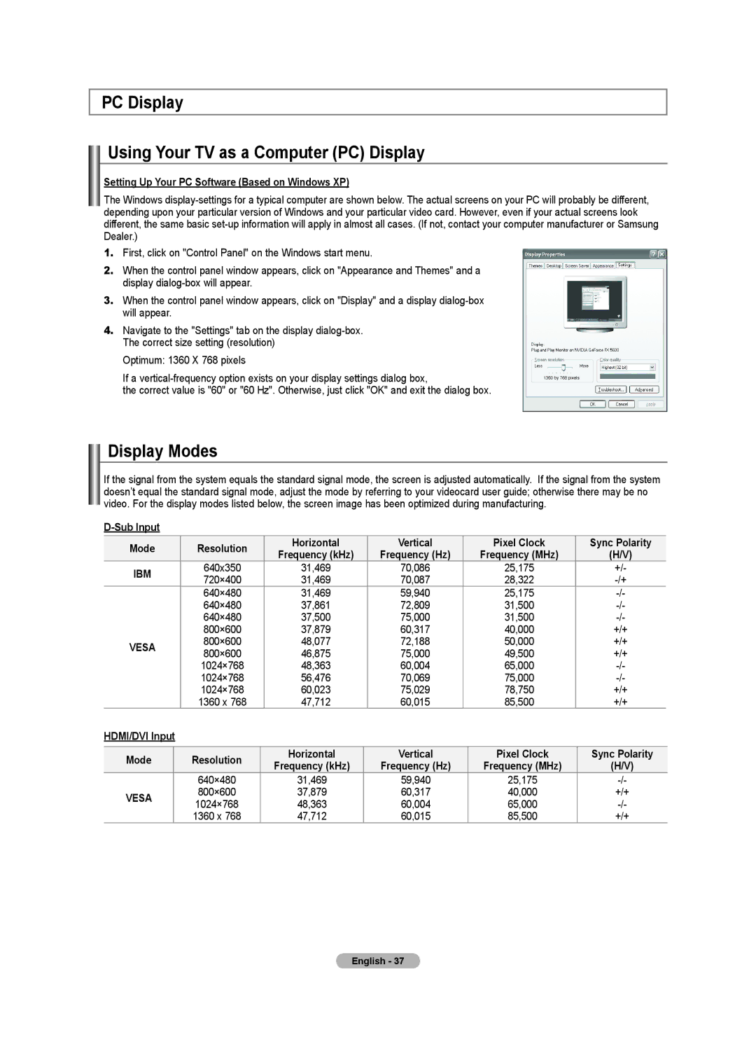 Samsung Series L5, 540, LNA50PD PC Display Using Your TV as a Computer PC Display, Display Modes, Sub Input, Resolution 