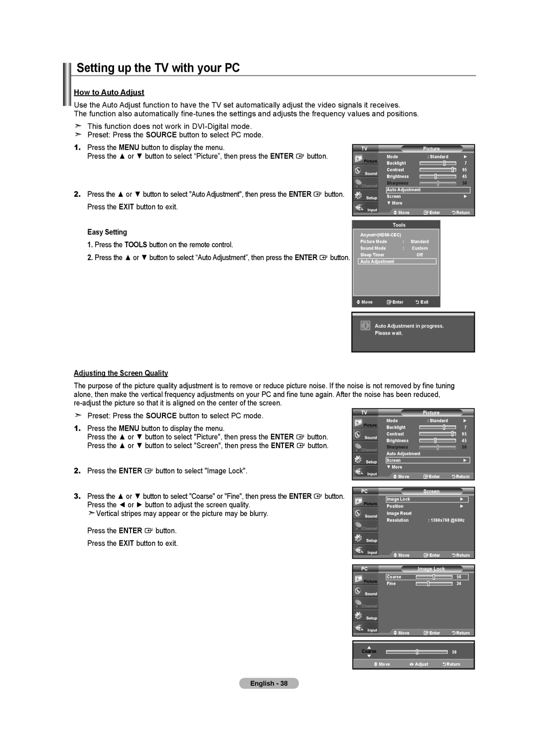 Samsung LNA50PD, LN32A540, LN2A540P2D Setting up the TV with your PC, How to Auto Adjust, Adjusting the Screen Quality 