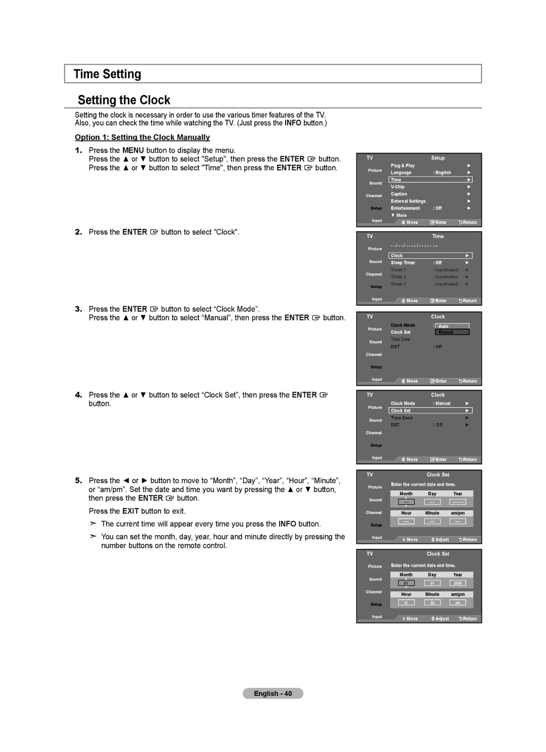 Samsung LN32A540, LNA50PD, LN2A540P2D, Series L5 Time Setting Setting the Clock, Option 1 Setting the Clock Manually 