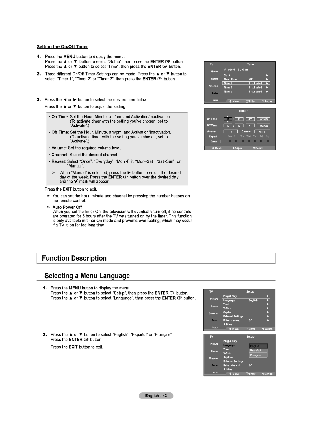 Samsung LNA50PD, LN32A540 Function Description Selecting a Menu Language, Setting the On/Off Timer, Auto Power Off 