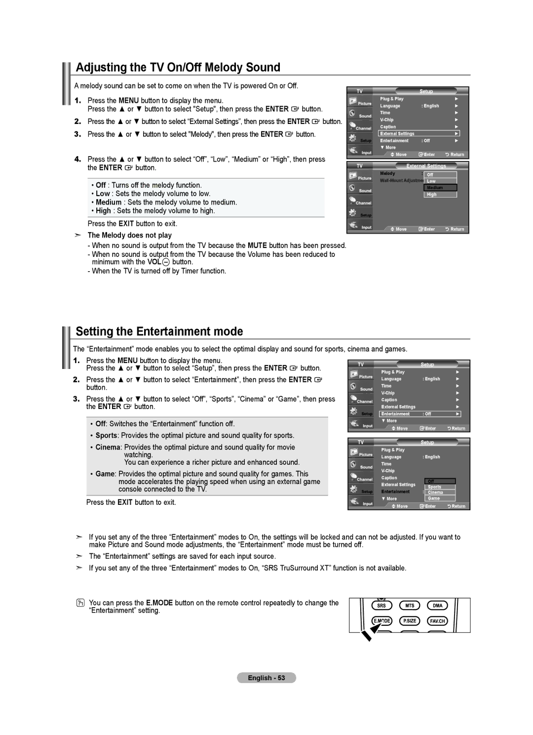 Samsung 540, LNA50PD Setting the Entertainment mode, Off Turns off the melody function, Low Sets the melody volume to low 