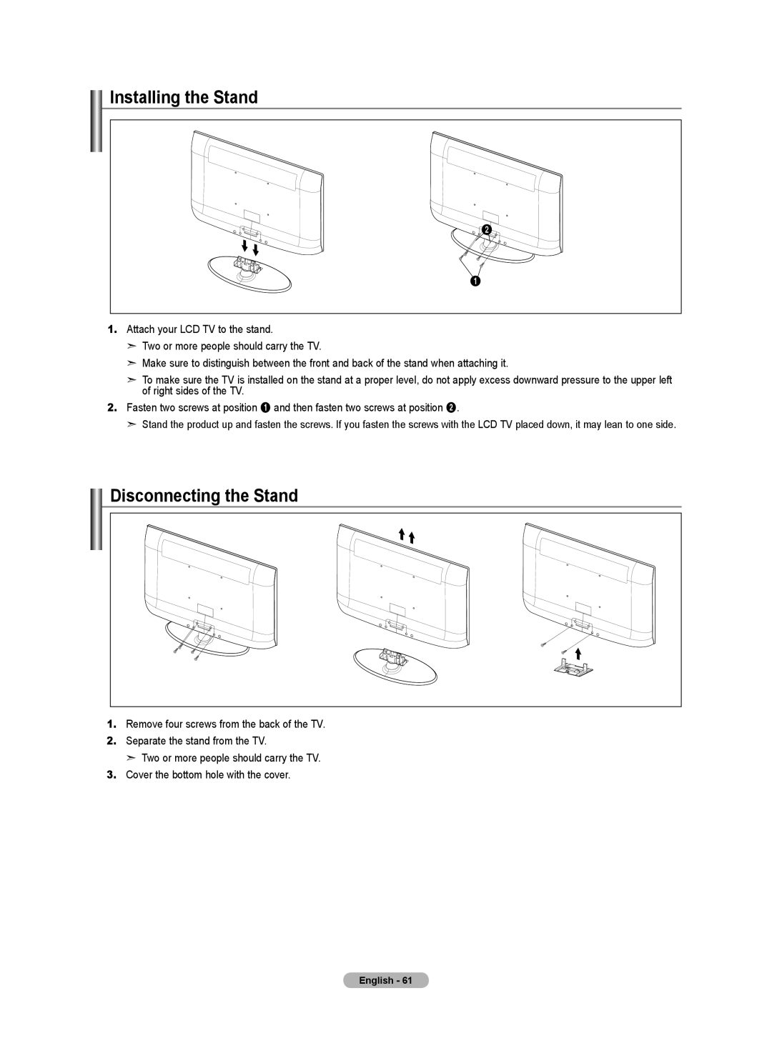 Samsung LN2A540P2D, LNA50PD, LN32A540, Series L5 user manual Installing the Stand, Disconnecting the Stand 