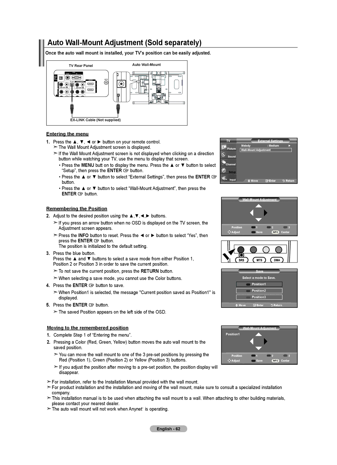 Samsung Series L5, 540, LNA50PD Auto Wall-Mount Adjustment Sold separately, Entering the menu, Remembering the Position 