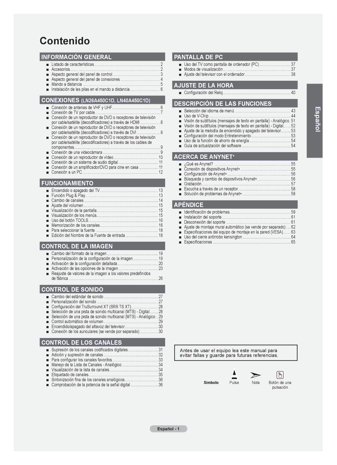 Samsung Series L5, LNA50PD, LN32A540, LN2A540P2D user manual Contenido 