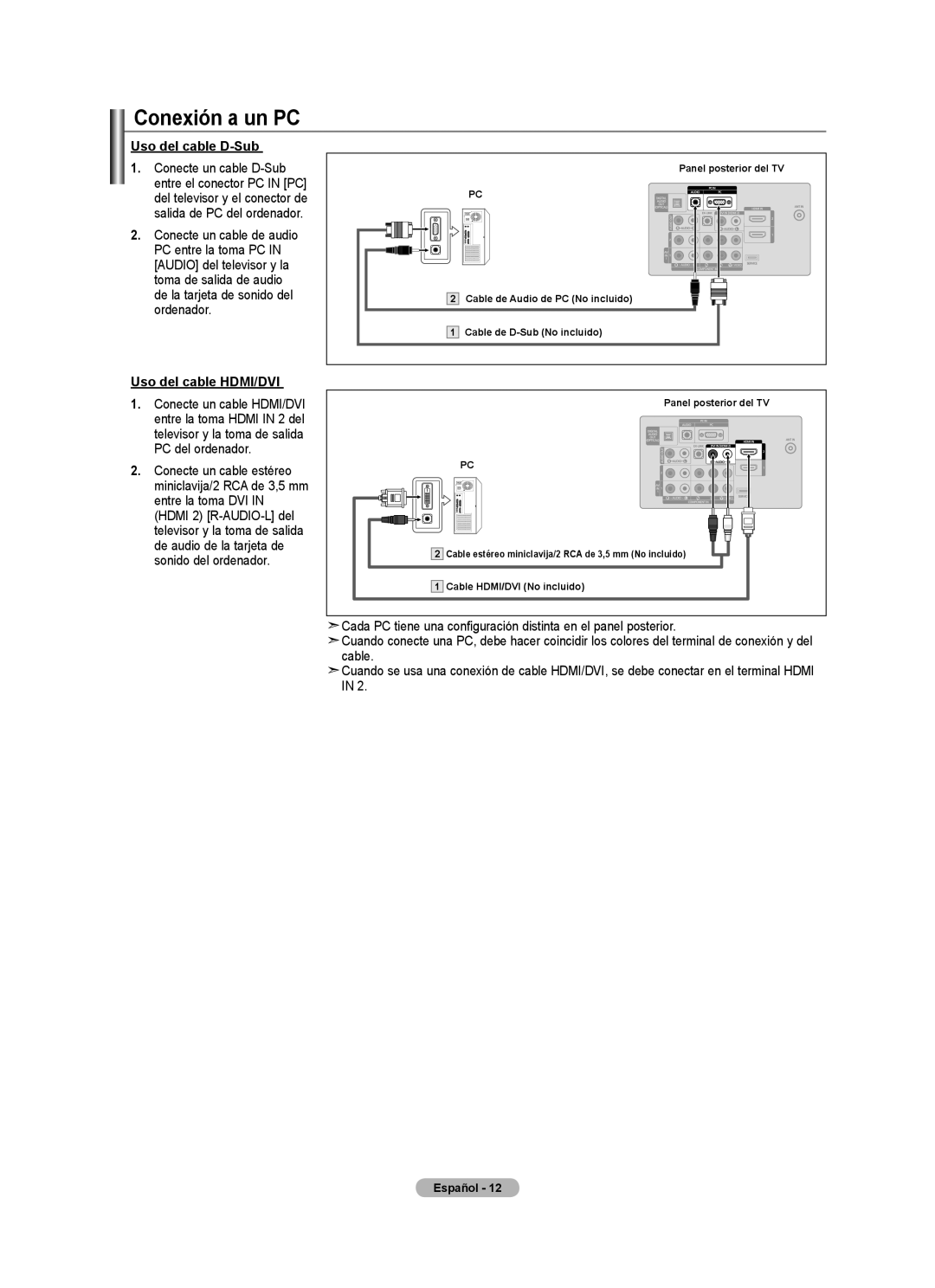 Samsung LNA50PD, LN32A540, LN2A540P2D, Series L5 user manual Conexión a un PC, Uso del cable D-Sub, Uso del cable HDMI/DVI 