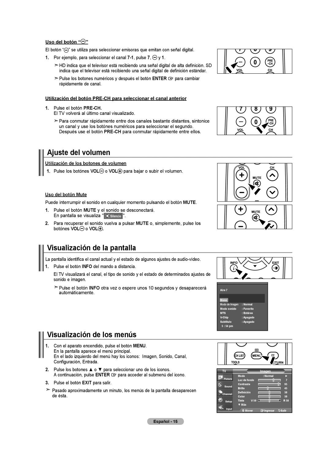 Samsung LN2A540P2D, LNA50PD, LN32A540 Ajuste del volumen, Visualización de la pantalla, Visualización de los menús 