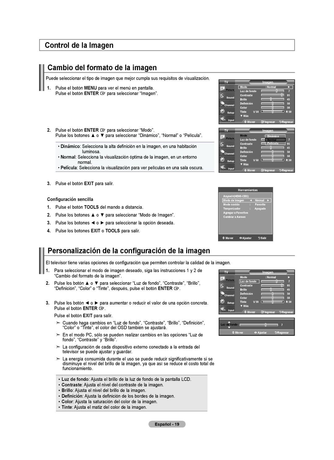 Samsung LN32A540 Control de la Imagen Cambio del formato de la imagen, Personalización de la configuración de la imagen 