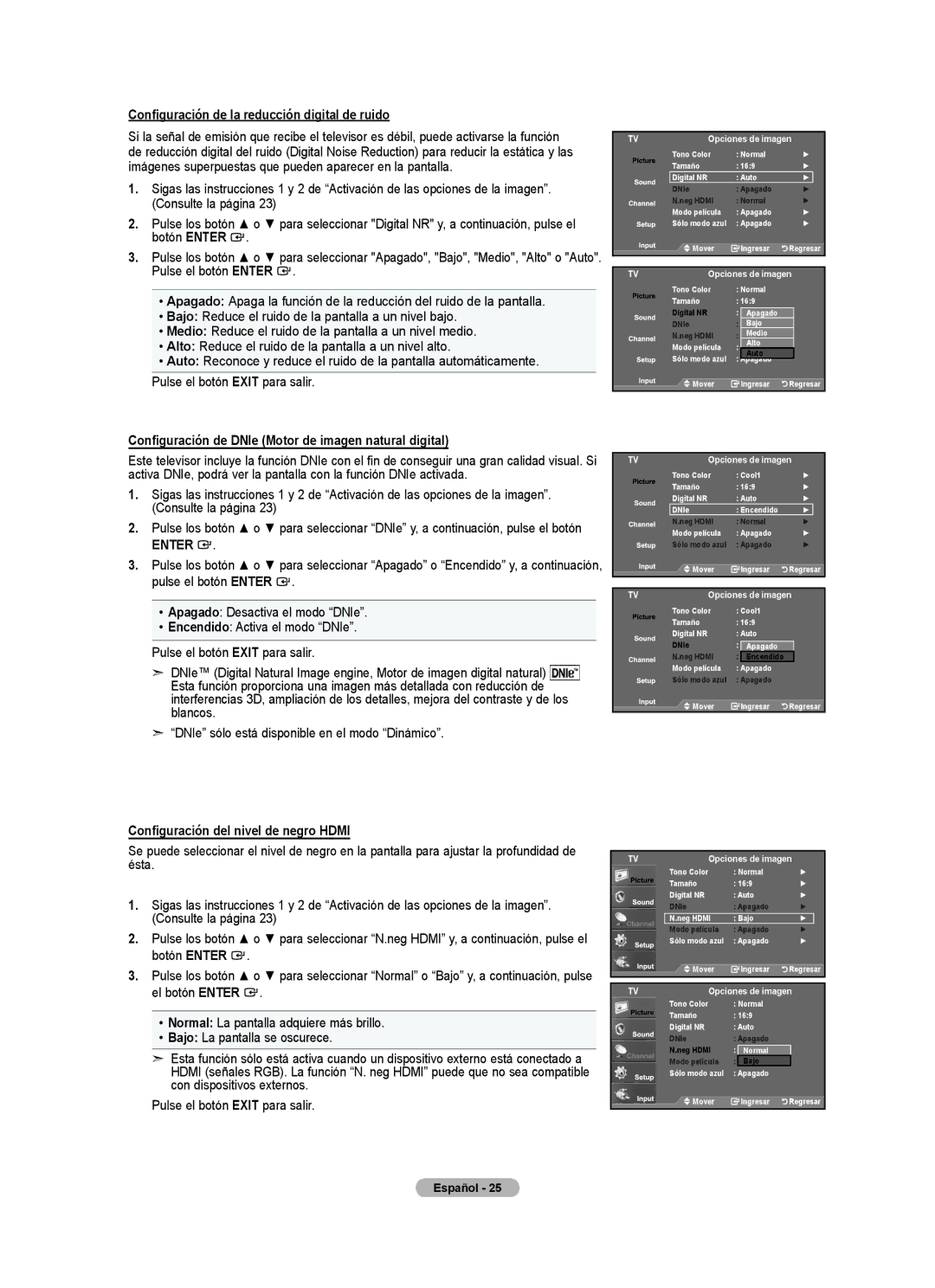 Samsung LN2A540P2D Configuración de la reducción digital de ruido, Configuración de DNIe Motor de imagen natural digital 