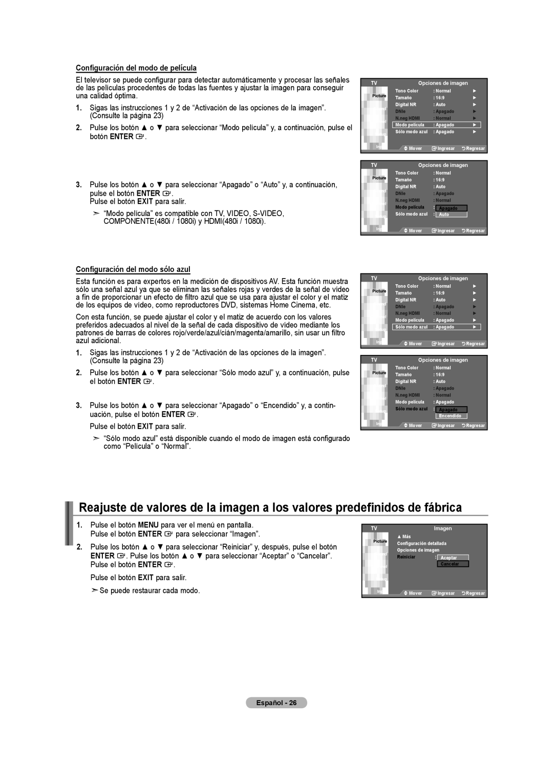 Samsung Series L5, 540 Configuración del modo de película, Configuración del modo sólo azul, Se puede restaurar cada modo 