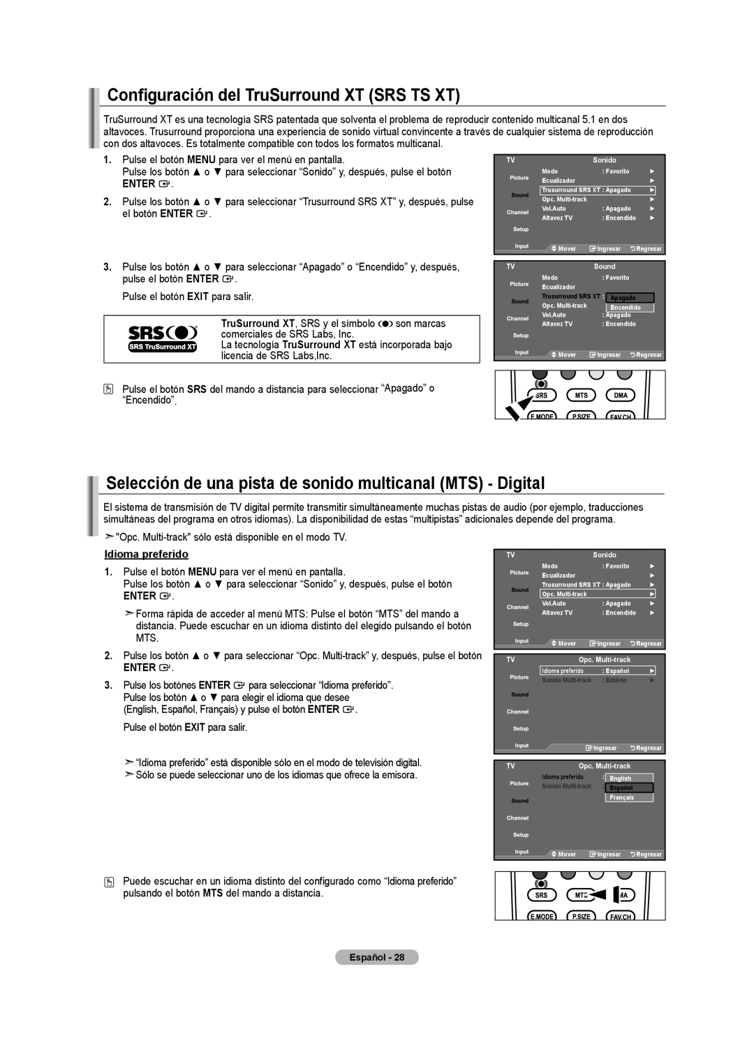 Samsung LNA50PD, 540 Configuración del TruSurround XT SRS TS XT, Selección de una pista de sonido multicanal MTS Digital 