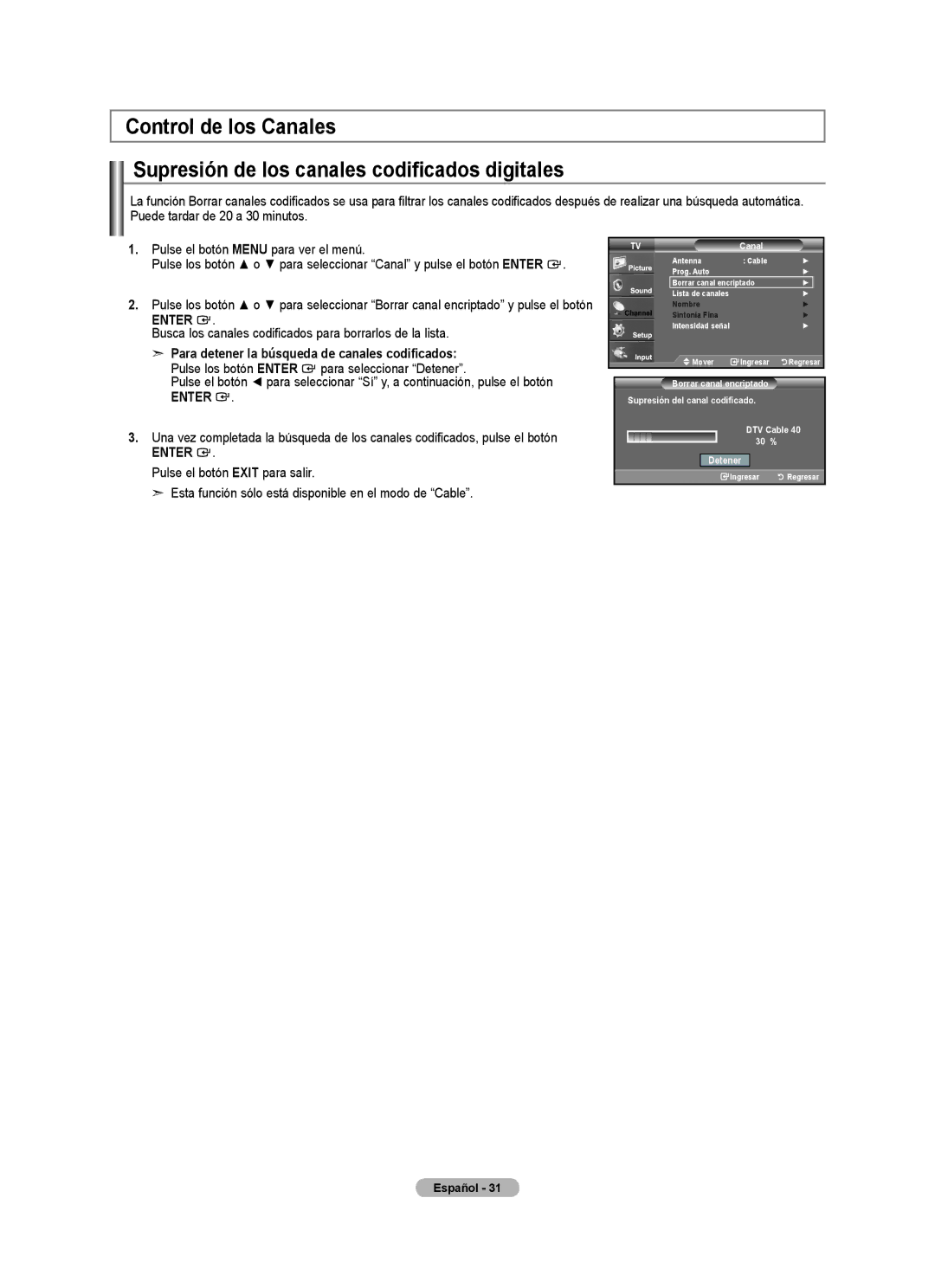 Samsung Series L5, LNA50PD, LN32A540, LN2A540P2D user manual Busca los canales codificados para borrarlos de la lista 